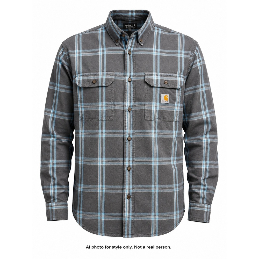 Carhartt Mens Shirt Large Loose Fit Plaid Gray Blue Cotton Long Sleeve Workwear‎